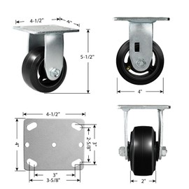 HANDSAMMU 4 Inch Caster Wheels, Set of 4 Industrial Caster Load Capacity 2800lbs, Heavy Duty Wheels for Tool Cart Platform Truck Trash Can (2 Swivel & 2 Rigid)