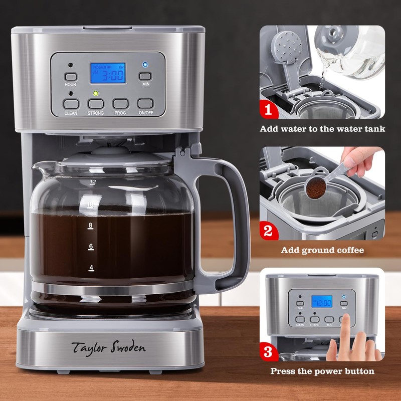 Taylor Swoden 12-Cup Programmable Coffee Maker, Regular & Strong Brew