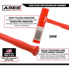 ARES 23052 – 32oz Slim Line Deadblow Hammer – Heavy Head Delivers Powerful Striking Force – Slim Profile Head Design for Greater Impact Accuracy – Long Head Hammer for Driving Pistons - Made in USA