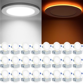 Meconard 24 Pack 4 Inch 5CCT LED Recessed Ceiling Light with Night Light, 2700K/3000K/3500K/4000K/5000K Selectable Ultra-Thin Recessed Lighting, 9W=75W, 750LM, Dimmable Canless Wafer Downlight ETL&FCC