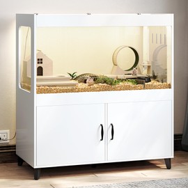 TC-HOMENY Large Hamster Cage Cabinet with Storage, Hamster Cage with LED Lights Easy 360° View Acrylic Panels, Small Animal Cage for Guinea Pig, Rat, Hedgehog, Ferret 39.5''L x 20''W x 43''H