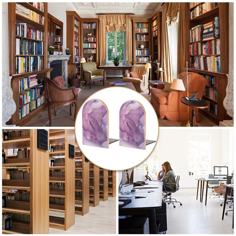 2 PCS Purple Marble Wooden Bookends for Shelves Beautiful Book