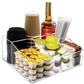 Tirifer Acrylic Coffee Bar Station Organizer for Countertop, Condiment Service Organizer Coffee Pods Storage Caddy Creamer Snack Tea Cup Supplies Holder for Home Office and Breakroom(Clear)