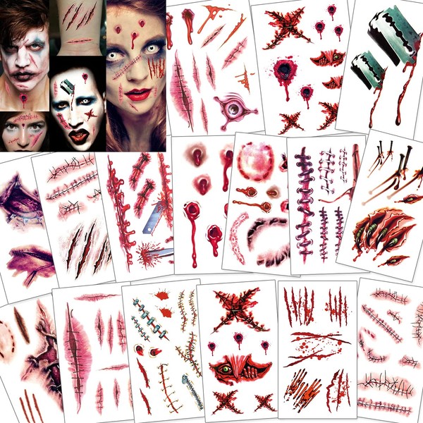 Konsait 118pcs Halloween Scars Tattoos, Zombie Makeup Kit Vampire Bite Tattoo Halloween Costumes Makeup Tattoos Accessories Fake cuts Halloween Scars and Wounds Tattoos for Kids Adults Women Men
