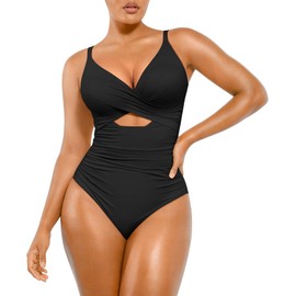 SHAPELLX Tummy Control Swimsuits Women Black One Piece Bathing Suit Tummy Control Swim Suits Ruched (Black,XX-Large)