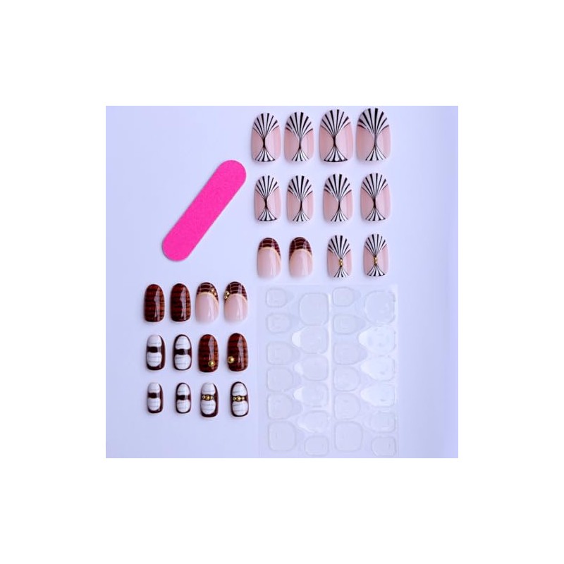 Uñas postizas de almendra, color marrón, tamaño mediano, estilo francés,