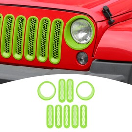 PDKLIN for Jeep JK Front Grille Inserts & Headlight Cover Trim Ring for Jeep Wrangler JK JKU 2007-2017 Green Exterior Accessories 9pcs
