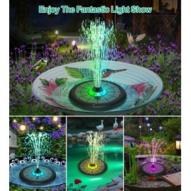 SZMP Powerful 5W Solar Powered Water Fountain for Bird Bath, Upgraded Glass Panel with Colorful Light Show, 7 Nozzles, Anti-Drift Fixer, 2000mAh Battery