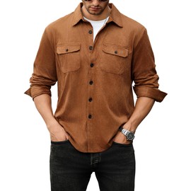 ZAFUL Men's Casual Button-Down Shirts Casual Western Long Sleeve Lightweight Shacket Jackets for Business Outfit (Brown S)
