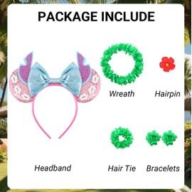 ZIW Hawaiian Outfits for Women Hula Girls Lilo Costume Tropical Luau Party Accessories Kit - Green Flower Leis Garland Necklace, Lei Hairband, Red Hair Clip & Stitch Ears Headband