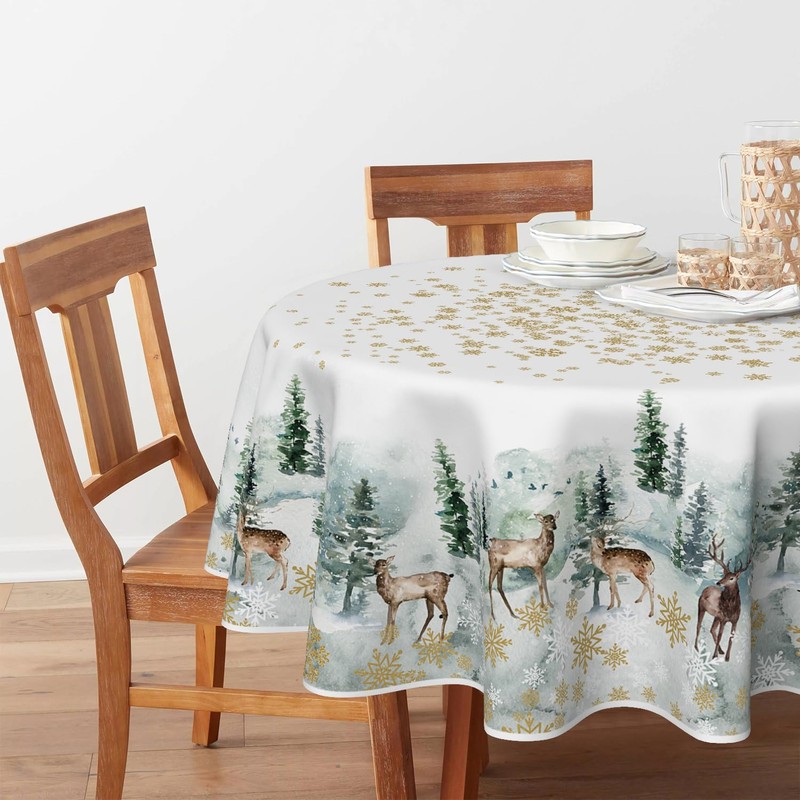 Artoid Mode Gold Snowflakes Trees Deer Christmas Table Cloth, Round