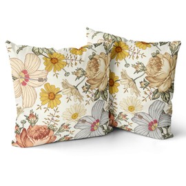 Snycler Vintage Flowers Pillow Covers 16x16 Inch Set of 2 Red Yellow Floral Leaves Decorative Square Boho Throw Pillows for Couch Rustic Pillow Cases Home Decor Living Room Sofa Porch Outdoor