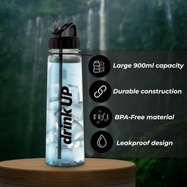 DrinkUp Motivational Water Bottle with Time Markings Straw | Leak Proof Reusable BPA free Hour Measuring Reminder Drinking Bottle | Ideal for Gym Hiking Cycling School Office 900ml