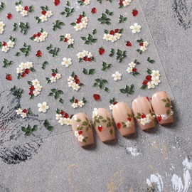 Flower Nail Art Stickers Decals- 1Pcs Green Leaf Floral Nail Decals 5D Embossed Cute Flower Design Nail Adhesive Stickers Nail Art Supplies for Women Spring DIY Nail Art Decorations