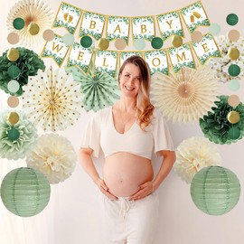 Sage Green Baby Shower Decorations Welcome Baby Banner Olive Sage Green Cream Tissue Paper Pom Poms Paper Tassels Garland Circle Dots Garland for Baby Boys Girls Gender Neutral Baby Shower Party Decor