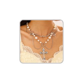 Cross Necklace Pearl Necklace for Women,Gothic Cross Pearl Pendant Necklace Cubic Zirconia Pearl Necklace Vintage Cross Necklace Bride Wedding Prom Dress Jewerly