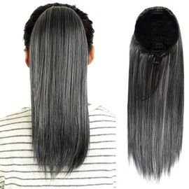 Drawstring Ponytail, 12 Inch, Salt n Pepper, Clip Fake Wig Hair Extensions