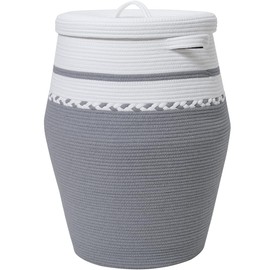 26" x 20" Tall Extra Large Storage Basket with Lid, Cotton Rope Storage Baskets, Woven Laundry Hamper with Cover, Cloth Storage Bin, for Clothes Blanket in Living Room, White/Grey