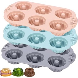 Mini Bundt Cake Pan 3pcs Silicone Fluted Tube Cake Pans, 6Cavity Heritage Bundtlette Cake Silicone Mold for Baking Non Stick Fancy Molds (Pink+Blue+Gray, Fluted Tube)