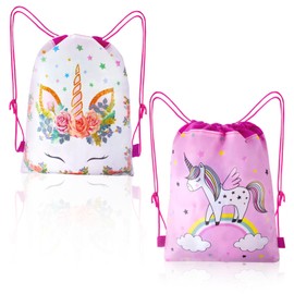 AYNKH 2PCS Unicorn Backpack for Kids, Lightweight Pink Drawstring Waterproof Cartoon Bag for Pool School Camping Trip Outdoor