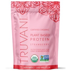 Truvani- Proteína de guisante vegana en polvo | Fresa | 20 g de proteína vegetal orgánica | 10 porciones | Keto | Sin gluten ni lácteos | Bajo en carbohidratos | Sin azúcar añadido
