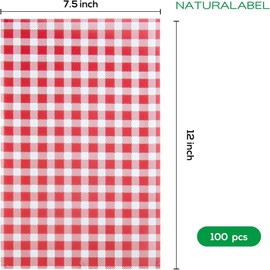 NATURALABEL 100 PCS 12"x7.5" Red and White Check Deli Paper Sheets - Grease & Water Resistant Food Basket Liners, for Wrapping Sandwiches, Burritos, Burgers, Hot Dogs, Fries (Red)