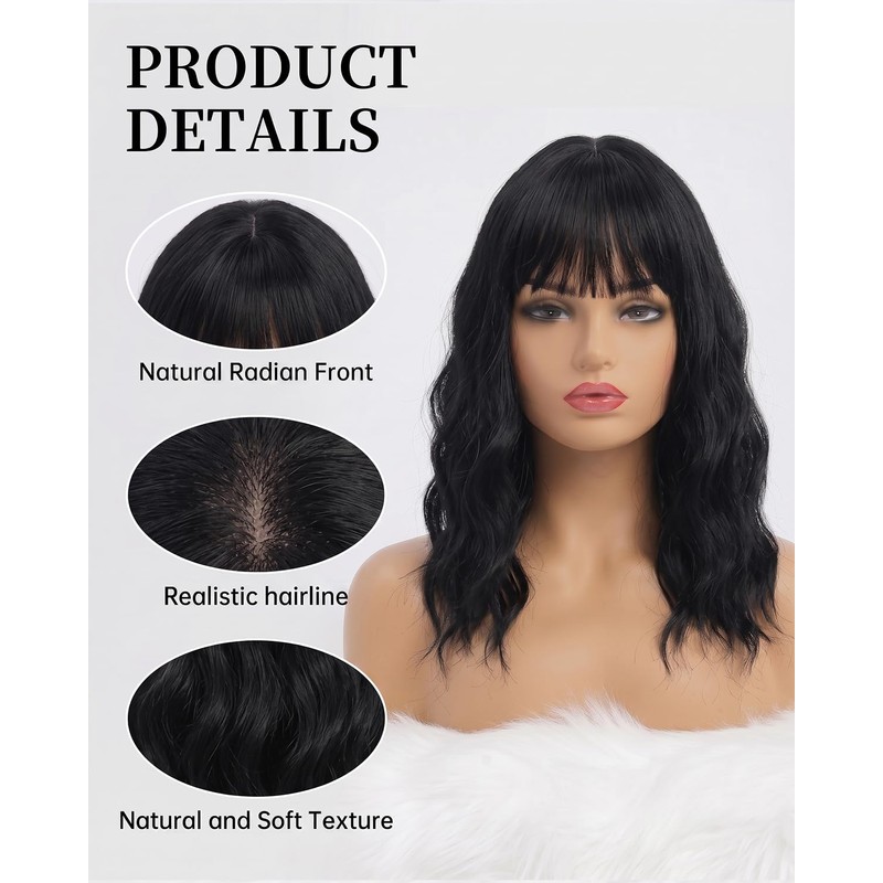 Medium Length Black Wig for Women with Bangs Wavy Hair
