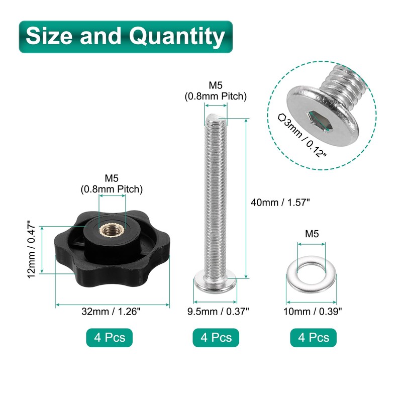 sourcing map 4 Sets Star Knob Kit, M5 Metric Thread