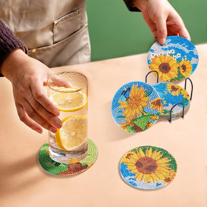 Cheriswelry 8Pcs Diamond Painting Coasters Sunflower Diamond Coasters with Holder
