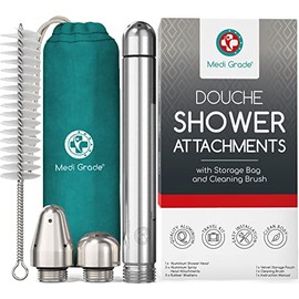 Shower Enema Douche Kit - [8pc] Aluminium for Intimate Colon Cleanse Kit by Medi Grade - Unisex Shower Douche Attachment - with Velvet Storage Bag, Cleaning Brush & Cloth - Intimate Hygiene Kit
