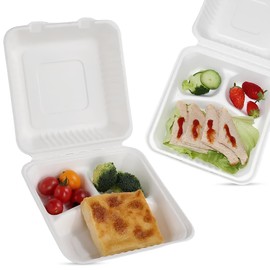 CHEF ROYALE 50x Bagasse Clamshell Lunch Box 3 Compartment White Colour Size 9 Inch Super Rigid Biodegradable, Compostable & Recyclable Disposable Food Boxes - Heavy-Duty to Go Boxes for Food (50)