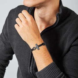 Saintda Engraved American Flag Blessings Cross Bracelet for Men, Black Stainless Steel Cuban Chain 13.5" Adjustable Christian Religious Jewelry Gift for Him Best Son Ever from Mom