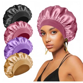4PCS Silk Satin Bonnets for Black Women & Men - Elastic Wide Band Hair Wrap Cap for Curly Hair - Shower Cap for Sleeping (Black & Bean Paste Pink & Purple & Brown)