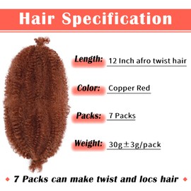 Marley Hair 12 Inch 7 Packs Pre Separated Springy Afro Twist Hair Ginger Marley Twist Braiding Hair for Faux Locs Crochet Hair Pre Fluffed Spring Twist Hair Synthetic Hair Extensions (12",350)