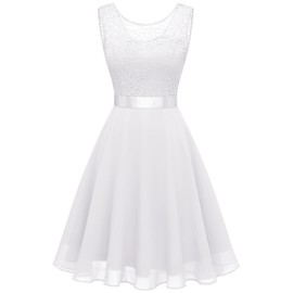 BeryLove Prom Formal Dresses for Women 2024 Wedding Guest Short Bridesmaid Dress Sleeveless Flowy Homecoming Dresses for Teens Elegant Floral Lace A Line Cocktail Party Girls Dresses 05 White M