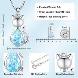 Odinstone Cat Birthstone Necklaces Jewelry Sterling Silver Cat Pendant Necklace Gift for Women Gifts, 18'' Silver Box Chain Women's Tanzanite Crystal Cat Jewelry Gifts
