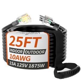 25ft 10 Gauge Outdoor Extension Cord Waterproof with Lighted Indicator,10 AWG SJTW Heavy Duty 15Amp 1875W,3 Prong Cords Flexible Copper Black ETL Listed