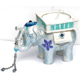 Decorative Hand Painted Blue Boho Elephant Gift Boxed Tea Light Candle Holder Set Bohemian Home Decor Accents Decorations Goddess Arts Collection