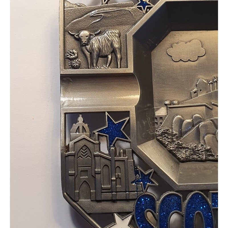 Edinburgh Scotland Metal Ashtray - Castle/Scottish Piper/Highland Cattle/Words in Blue