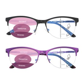 Multifocal Reading Glasses Women Progressive Multifocus Blue Light Computer Reader Cat Eye Large Metal Half Frame No Line Bifocals Stylish Eyewear 2Pack Black Purple +1.00 Strength