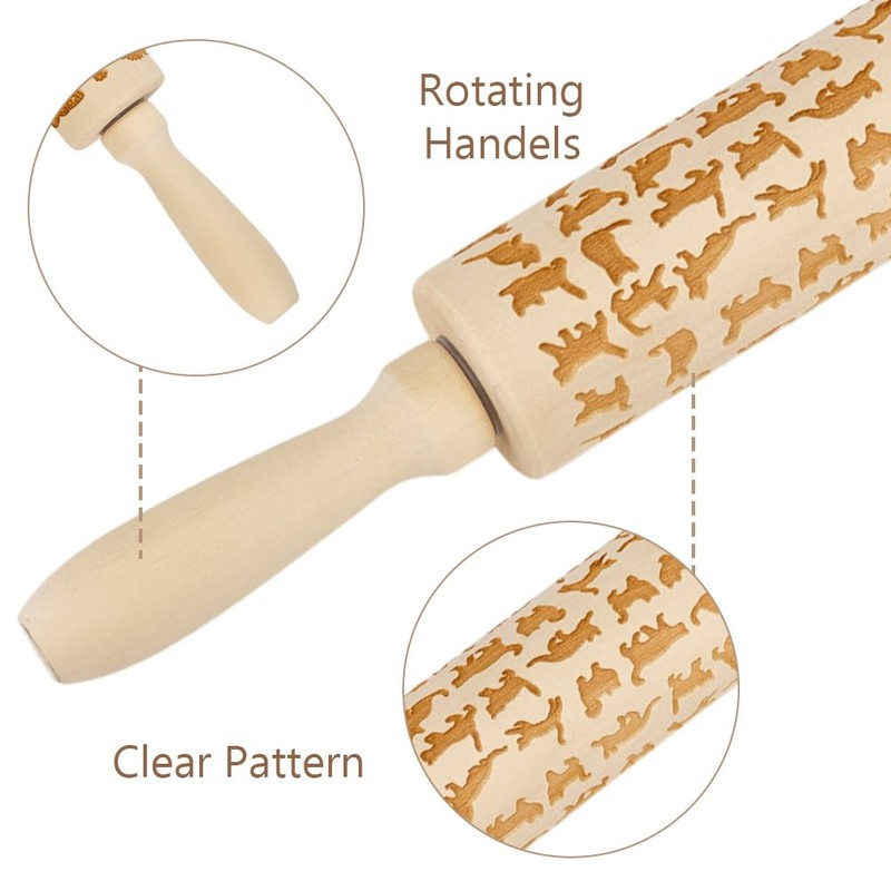 DELORIGIN Cat Embossed Wooden Rolling Pin 34cm Long Rolling Pin