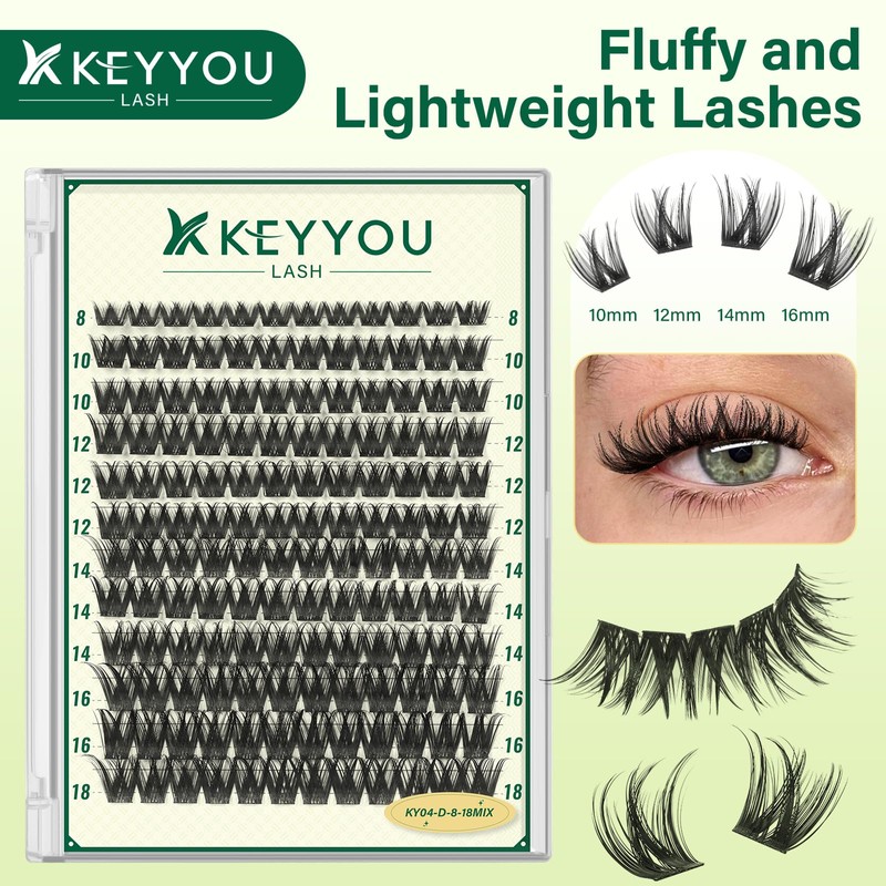 KEYYOU Thick Eyelash Extensions, 144 Pieces, D Curl Eyelash Clusters,