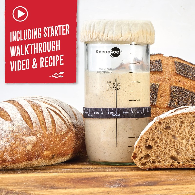 KNEADACE Sourdough Starter Jar With Date Marked Feeding Band, Thermometer,