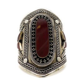 Duel On Jewel Afghan Tribal Womens Handmade Oxidized Engraved Big Vintage Cuff in Red Stone - Boho Chic Trendy Stylish