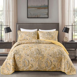DJY Yellow Paisley Quilt Set Queen Size Boho Quilt Bedspread Set 3 Pieces, Soft Lightweight Paisley Floral Pattern Coverlet Bedding Set for All Season, 96''x90''