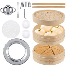 Tessco for you 59 Pcs 2 Tier 10 Inch Bamboo Steamer Basket Set Including Bamboo Steamer Stainless Steel Ring Dumpling Maker Mold and Cutter Spoon 2 Pair Chopsticks 2 Sauce Dish 50 Paper Liners