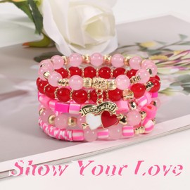 Ardorchid 5 Pack Valentine's Day Heishi Bracelets Cute Pink Red Love Heart Bead Stretch Stackable Bracelet for Women Holiday Birthday Bracelets Festive Jewelry