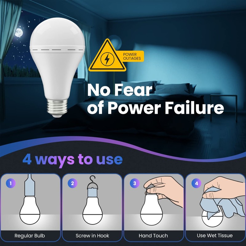Emergency Rechargeable Led Light Bulb with Hook,Stay Lights Up When