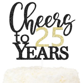 LOVENJOY Decoración para tartas Cheers to 25 Years para decoración de pasteles de feliz cumpleaños 25, aniversario, doble cara, negro y dorado
