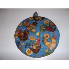 Quilted Pot Holders Hot Pads Roosters Chickens on Demim Blue Background Potholders Fabric Round Handmade Trivet Double Insulated 9 Inches Last of this Print
